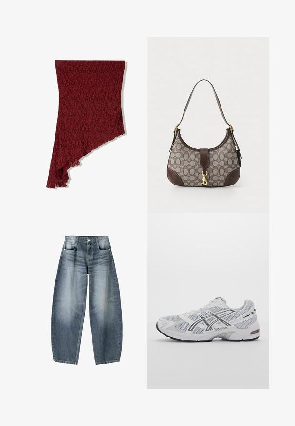 Burgundy lace shawl with an asymmetrical cut, featuring a floral pattern and scalloped edge, made of lightweight, textured material.; Wide-leg jeans made of light blue denim with fading, featuring a five-pocket design, button fly, and minimal stitching details.; White mesh athletic shoe featuring gray accents, structured design, lacing system, padded collar, and rubber outsole for traction.; COACH HAMPTONS HOBO BAG IN SIGNATURE JACQUARD - Handbag - oak maple; Pilgrim DREAM - Necklace - gold plated