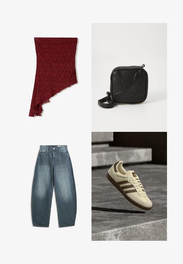 Burgundy lace shawl with an asymmetrical cut, featuring a floral pattern and scalloped edge, made of lightweight, textured material.; Light blue denim wide-leg jeans feature a high waist, five pockets, subtle fading, and stitching accents along the seams.; Cream-colored sneaker with brown accents, textured side stripes, and a smooth leather finish. Features a lace-up design and rubber sole.; Black square crossbody bag made of textured synthetic material. Features an embossed logo design and adjustable strap. Zipper closure.