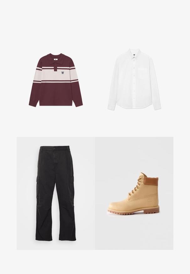 Polo tričko s dlouhým rukávem v burgundské barvě s bílými vodorovnými pruhy, dvěma knoflíky a černým logem "W" na levé hrudi.; Bílá košile s dlouhým rukávem a límečkem, s přední kapsou a jemnou texturou. Přední léga má knoflíky a malou logo detaily.; Černé cargo kalhoty se rovnými nohavicemi, obsahující dvě boční kapsy, zapínání na knoflík a strukturovanou tkaninu.; Svetle hnědé kožené kotníkové boty s polstrovaným límcem, zlatými očky, hnědými tkaničkami a silnou podrážkou na jednobarevném světlém pozadí.