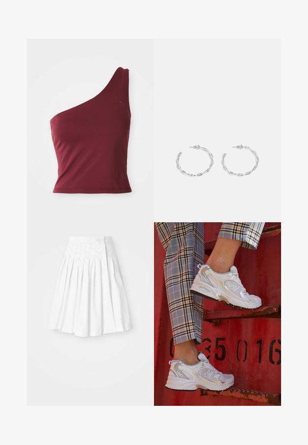 Bordeaux één-schouder crop top met een klein Puma-logo aan de bovenkant aan de rechterzijde.; Witte geplooide rok met een strakke tailleband, voorzien van een knoopsluiting aan de zijkant en een gladde, frisse textuur.; Witte mesh sneakers met zilveren accenten en een gestructureerde zool, gepositioneerd op een rode ondergrond, gecombineerd met gestreepte broek.; Zilveren creolen met een gedraaide ontwerp, voorzien van een gepolijste afwerking en een post-back sluiting. Meet ongeveer 3 cm in diameter.
