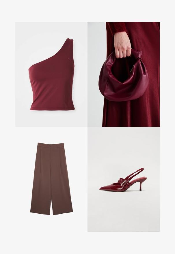 Top corto monospalla color bordeaux con un piccolo logo Puma sulla parte superiore destra.; Pantaloni ampi marroni con una texture liscia, caratterizzati da una vita alta e pieghe frontali. Il tessuto è leggero e scorre liberamente.; Décolleté slingback in vernice rossa con punta affusolata, due cinturini con fibbia e un sottile tacco a stiletto di media altezza. Texture liscia.; Borsa in pelle bordeaux con un design morbido e arricciato e una forma arrotondata. Il manico è fissato, mostrando una texture liscia.