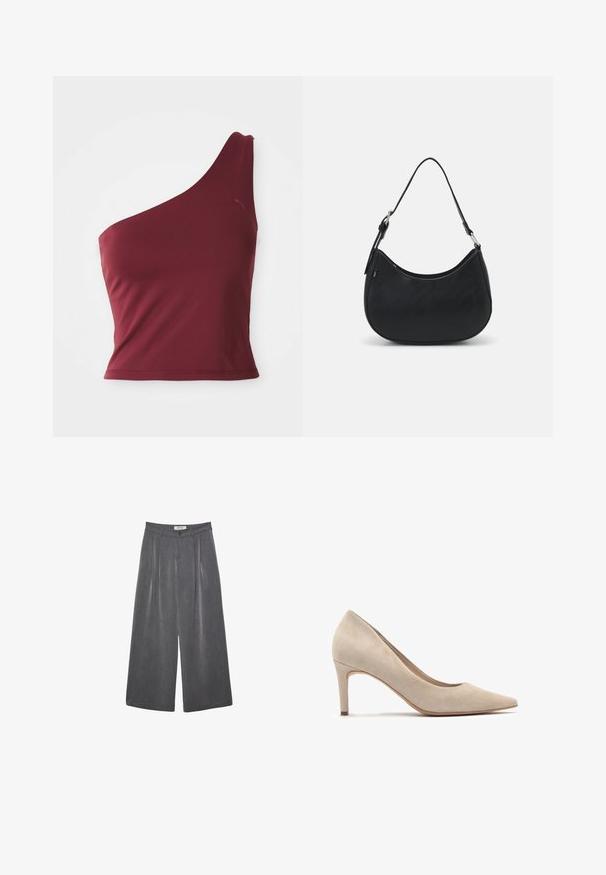 Bordeauxfarbener einseitig tragbarer Crop-Top mit kleinem Puma-Logo auf der oberen rechten Seite.; Faltenhose mit weitem Bein aus einem dunkelgrauen Stoff mit subtiler Textur. Verfügt über einen Knopfverschluss und ein klassisches Design des Bunds.; Beige Wildlederschuh mit Absatz und spitzem Schuhkopf, 7 cm Absatzhöhe. Glatte Textur, minimalistisches Design und nahtlose Silhouette.; Schwarze Hobo-Tasche aus glattem Leder mit einer geschwungenen Silhouette, ausgestattet mit einem einzelnen verstellbaren Trageriemen und minimalistischem Design.