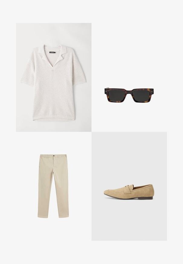 Přiléhavé, lehké pletené polo tričko s krátkým rukávem v off-white barvě s texturovaným vzorem, žebrovaným límcem a detaily na lemu. Navrženo pro prodyšnost.; Béžové bavlněné kalhoty s elastickým pasem, zapínáním na knoflík, rovnými nohavicemi a standardními kapsami po stranách a na zadní straně.; Semišové loafery v béžové barvě s mírným leskem, s kulatou špičkou, snadným obouváním a nízkým hnědým podpatkem. Jemné detaily šití.; Massimo Dutti RECTANGULAR - Sluneční brýle - dark brown; Tři zlaté prsteny: prsten čtvercového tvaru s malým kamenem, texturovaný kroužek s drážkami a hladký, lesklý prsten se dvěma drážkami.