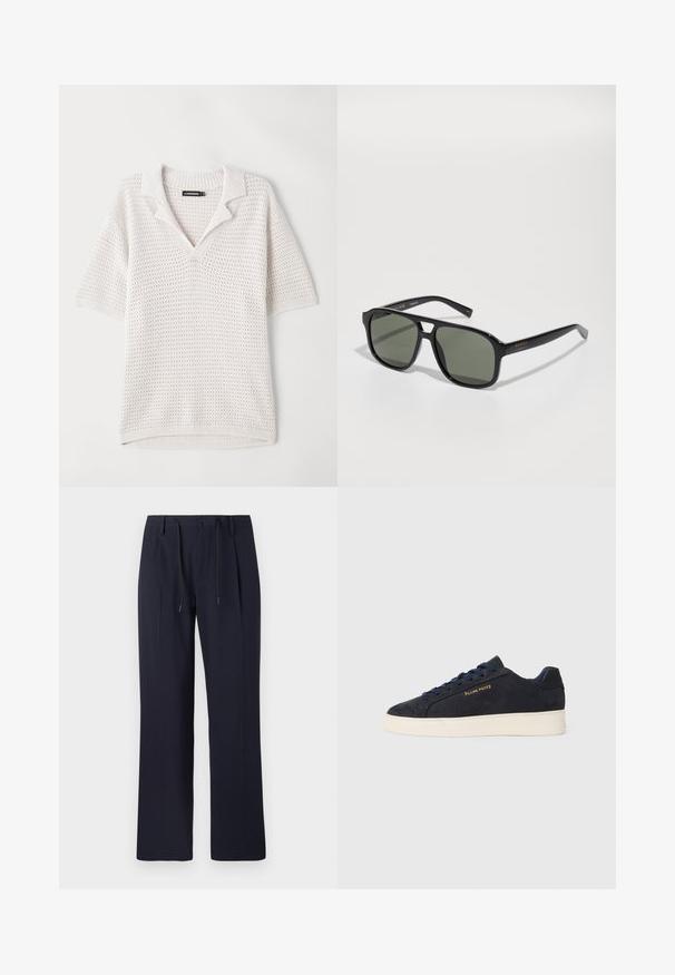 Korte mouwen, lichte gebreide polo in off-white met een gestructureerd patroon, geribbelde kraag en zoomdetails. Ontworpen voor ademend vermogen.; Marineblauwe broek met een rechte pijpdesign, gemaakt van textuurstof. Voorzien van een knoopsluiting aan de voorkant en een verstelbare koord in de taille.; Navyblauwe suède lage sneakers met een witte zool, navy veters en het 'Filling Pieces' logo in goud op de zijkant.; Zwarte rechthoekige zonnebril met groene lenzen, glanzend frame, metalen accenten en gouden logo-accent op de poot.