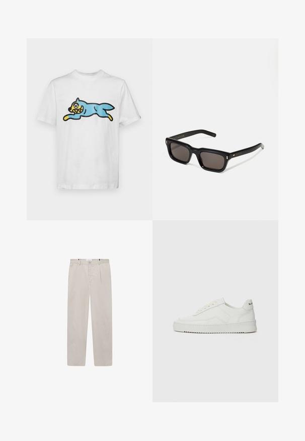 Bela bomba iz bombaža z modro mačko v risankastem slogu z rumenim obrazom in ostrimi zobmi, postavljeno v skakanju.; Svetlo bež hlače iz mehkega materiala, s ravnim krojem, dvema stranskima žepoma in sprednjim gumbom za zapiranje. Lahke in gladke na otip.; Bela usnjena športna obutev z gladko površino, okroglo prst, ravne vezalke in teksturiran podplat. Ima diskretno logo na peti.; Črne pravokotne sončna očala s temnimi lečami, debelim plastičnim okvirjem, zlatimi detajli na templjih in izgravirano blagovno znamko na ročaju.