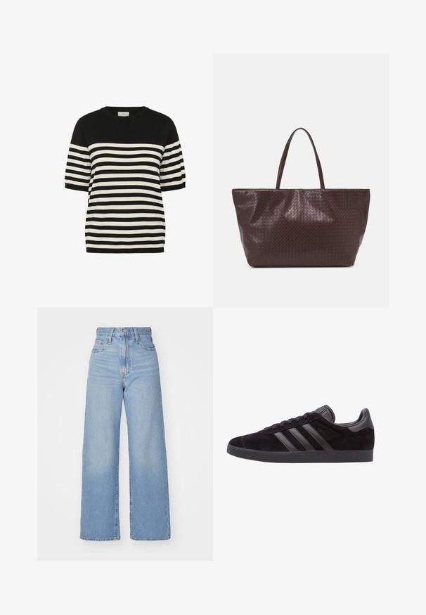 Tricou tricotat cu dungi alb-negru, cu guler rotund și mâneci scurte. Dungile orizontale alternează uniform, creând un design îndrăzneț.; Jeans cu talie înaltă, de culoare albastru deschis, cu croială largă, dotate cu nasture și fermoar la față, buzunare în față și spate, pe un fundal alb.; Tenisi negri din daim cu tălpi din cauciuc texturat, având trei dungi din piele neagră, vârf rotunjit și guler căptușit la gleznă.; Geantă din piele împletită maro, cu două mânere, formă structurată și suprafață texturată, având un model în diamant pe toată suprafața.