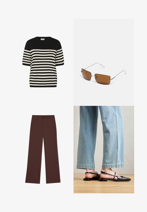 Sort og hvid stribet strik t-shirt med rund halsudskæring og kortærmer. Vandrette striber skifter jævnt, hvilket skaber et dristigt design.; Vide benbukser i en rig brun stof. Har en knaplukning, to forlommer, glat tekstur og rene linjer.; Sorte læder slingback-sko med spidse tæer, flad hæl og ankelrem; båret med lyseblå viddebenede jeans.; Brune rektangulære solbriller med tynde sølvtrådsrammer og næsebrostøtter. Linserne er flade og let tonede.