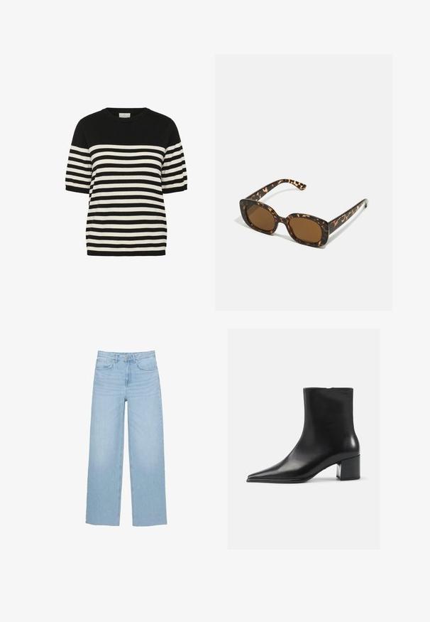Zwart-wit gestreepte gebreide t-shirt met een ronde halslijn en korte mouwen. Horizontale strepen wisselen gelijkmatig af, wat zorgt voor een gedurfde uitstraling.; Lichtblauwe wijde jeans van denim, met een hoge taille, rechte snit en vijf-pocket ontwerp, afgewerkt met een nette zoom.; Zwarte leren enkellaars met een spitse neus, een soepele textuur en een middenblokhak. Minimalistisch ontwerp, ritssluiting aan de achterkant.; Tortoiseshell zonnebril met een ronde, stevige montuur en bruine lenzen. Heeft subtiele patronen en rechte, taps toelopende veren.
