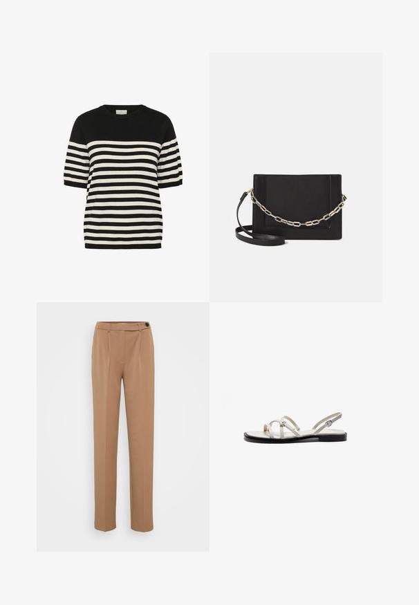 Fekete-fehér csíkos kötött póló, kerek nyakkivágással és rövid ujjakkal. A vízszintes csíkok egyenletesen váltakoznak, így merész mintát alkotnak.; Barna, egyenes szabású, illeszkedő nadrág, egy gombos záródással és redőzött elülső részlettel. Sima tapintás, minimális stílus.; Lapos szandál vékony fémes pántokkal, világos krém színű felső résszel és fekete talppal. Állítható csat részlet a bokapánton.; Fekete bőr keresztpántos táska, sima textúrával, téglalap alakú és fém lánc részlettel az elején. Állítható pánttal ellátva.