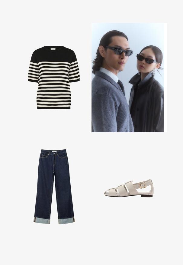 Černobíle pruhovaný pletený tričko s kulatým výstřihem a krátkými rukávy. Horizontální pruhy se pravidelně střídají, čímž vytvářejí odvážný design.; Tmavě modré kalhoty s širokými nohavicemi a vysokým pasem, s ohrnutými manžetami, kontrastním prošíváním a pěti kapsami. Vyrobené z denimové tkaniny.; Mango Páskové sandály  - beige; Sluneční brýle s úhlovými černými rámy na modelce v šedém svetr, který ukazuje texturovaný pletený vzor, a černou koženou bundu, kterou nosí jiný model.; Beige kožená kabelka s jedinečným tvarem, vybavená dvěma krátkými uchy a dlouhým nastavitelným popruhem. Hladká textura s minimem kovových doplňků.