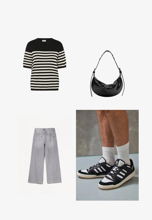 Čierno-bielo pruhované pletené tričko s okrúhlym výstrihom a krátkymi rukávmi. Horizontálne pruhy sa striedajú rovnomerne, čím vytvárajú odvážny dizajn.; Bershka WIDE-LEG - Široké nohavice - grey; Čierno-biele tenisky s vrchom z semišu a kože, s troma bielymi pruhmi, perforovanou špičkou a gumovou podrážkou.; Čierna kožená kabelka s polkruhovým tvarom, hladkou textúrou a nastaviteľným popruhom, so subtílnymi kovovými detailmi. Viditeľné zapínanie na zips.