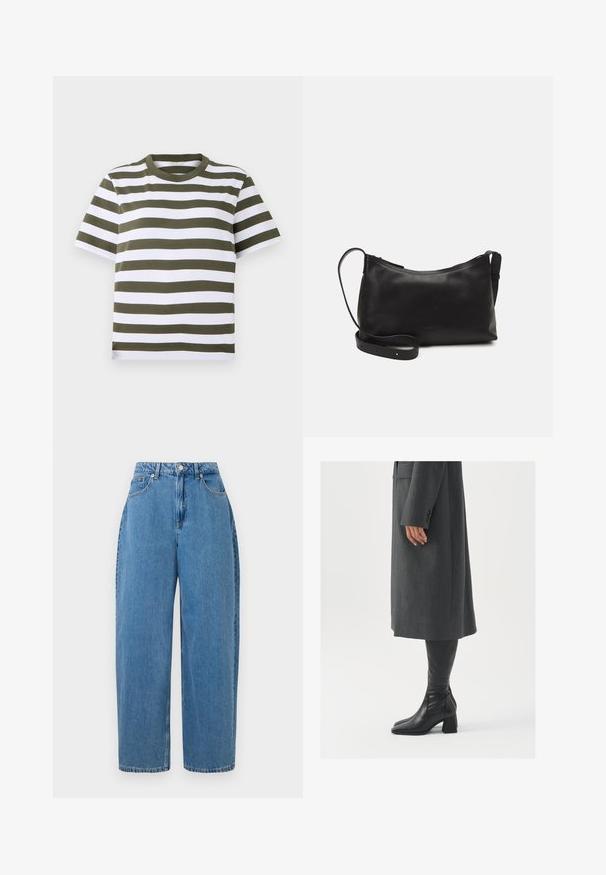 Zeleni in beli prugasti kratkotrajni majica s kratkimi rokavi in okroglo ovratnikom, izdelana iz mehkega bombažnega materiala. Ima enakomerne vodoravne črte.; Svijetloplave traperice ravnog kroja, visokog struka i prednjim kopčanjem. Sadrže pet džepova i minimalne šavove.; Siv prešita zimska plašča ravnega kroja; obuta z visokimi črnimi usnjenimi škornji, ki imajo kvadratni nos in debel pet.; Črna usnjena torba čez ramo z gladko teksturo, ukrivljeno obliko, nastavljivim trakom in zadrgo. Minimalističen dizajn brez okrasnih detajlov.