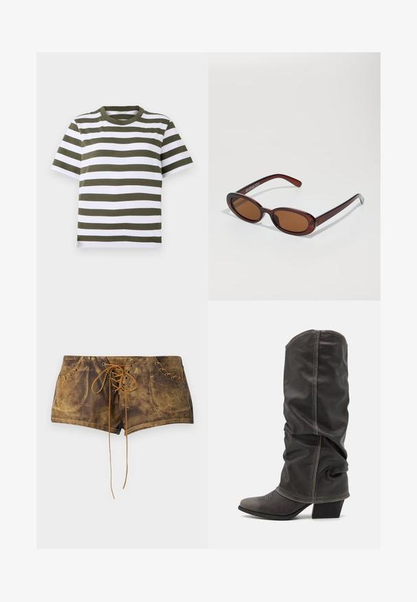 Green and white striped short-sleeve T-shirt with a round neckline, made of soft cotton fabric. Features even horizontal stripes.; Brown lace-up shorts with a textured surface and contrasting tan laces. Features eyelets and a fitted design for a snug appearance.; Gray leather calf-high boots with a slouchy design, pointed toe, and stacked heel. Notable stitching detail on the toe area.; Round, brown-tinted sunglasses with a glossy burgundy frame. Slim arms with subtle branding detail. Flat lens design.; Snake-print handbag with a curved handle. Made from textured, beige and brown materials, featuring a distinctive diamond pattern.