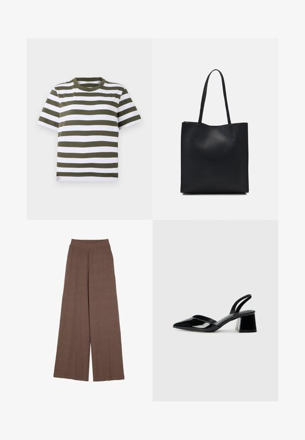 Groen en wit gestreepte T-shirt met korte mouwen en een ronde halslijn, gemaakt van zacht katoen. Heeft rechte horizontale strepen.; Brede pijpen van een textuurstof met ribbels in een warme bruine kleur. Heeft een naadloze tailleband en een vloeiende silhouet.; Zwarte gepatineerde leren slingback hakken met een spitse neus en een geometrische blokhak. Kenmerkt zich door een slank, minimalistisch ontwerp en een gladde textuur.; Zwarte leren handtas met een gladde textuur, rechthoekige vorm en twee lange handvaten. Geen zichtbare hardware of versieringen.