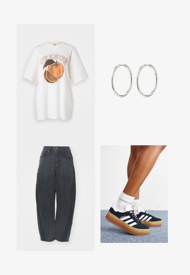 T-shirt en coton blanc avec un grand graphique orange représentant une tranche d'orange et une feuille verte. Texte "Vand ORANGE" en impression pêche et noire au-dessus du design.; Jean en denim noir ample avec une finition délavée, cinq poches, une fermeture par bouton à la taille et des coutures sur le devant et sur les côtés.; Baskets en daim noir avec des rayures et des accents blancs, bout arrondi, semelle extérieure en caoutchouc gomme, associées à des chaussettes blanches côtelées mi-mollet.; Boucles d'oreilles en argent, avec une finition lisse et polie. Forme ronde, design léger, avec un mécanisme de fermeture sécurisé.
