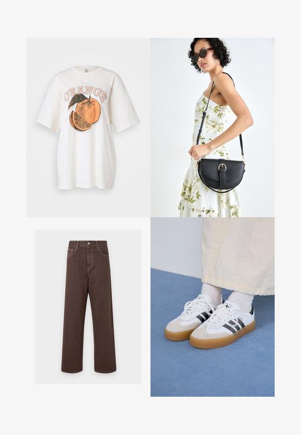 T-shirt en coton blanc avec un grand graphique orange représentant une tranche d'orange et une feuille verte. Texte "Vand ORANGE" en impression pêche et noire au-dessus du design.; Pantalons en denim marron à jambes larges avec des coutures contrastées, cinq poches et un bouton métallique. Texture lisse, coupe droite.; Baskets blanches avec des rayures noires et des accents en daim beige. Elles présentent une semelle en gomme texturée et des lacets plats blancs, portées avec des chaussettes claires.; Sac à main en cuir noir avec une forme courbée, bandoulière amovible et des accessoires en or. Le sac est doté d'un rabat avec un détail de boucle.