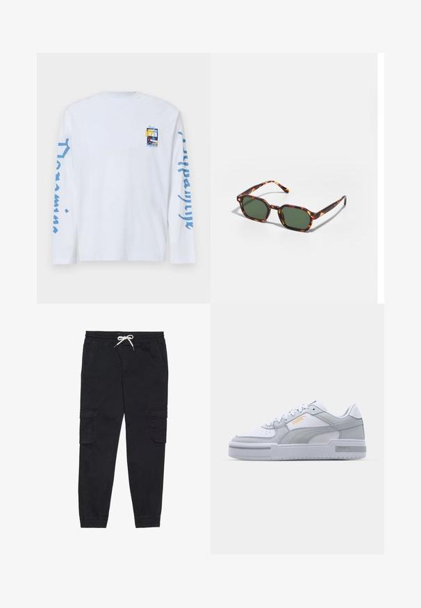 Langärmliges, weißes T-Shirt aus Baumwolle mit einem kleinen Grafikdruck auf der Brust und blauer Schrift entlang beider Ärmel.; Schwarze Cargo-Hosen aus Baumwolle mit einem elastischen Bund und Kordelzug, seitlichen Taschen und schmal zulaufenden Bündchen.; Graue und weiße Sneaker mit einem Obermaterial aus glattem Leder, perforierter Zehenpartie, Schnürverschluss, strukturierten Akzenten und einem dezenten goldenen Logo.; Schildpatt-Sonnenbrille mit grünen Gläsern, in einer achteckigen Form und schlanken, gebogenen Bügeln. Das Material hat eine glänzende Oberfläche.