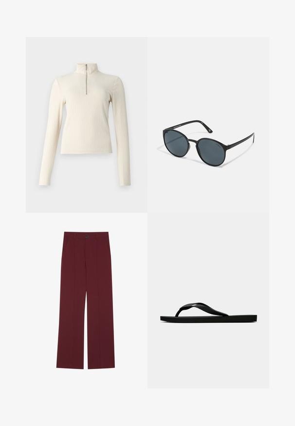 Cream ribbed pullover with long sleeves and a mock neck. Features a quarter zipper at the front and a fitted design. Plain texture.; Burgundy trousers with a wide leg design, featuring a button closure, two side pockets, and creased front detailing. Smooth fabric texture.; Black rubber flip-flop sandal with a textured thong strap and simple flat sole, shown from side on a plain light background.; Round black sunglasses with dark lenses, made of plastic. Slim temples with branding on the side, featuring a smooth texture and subtle accents.