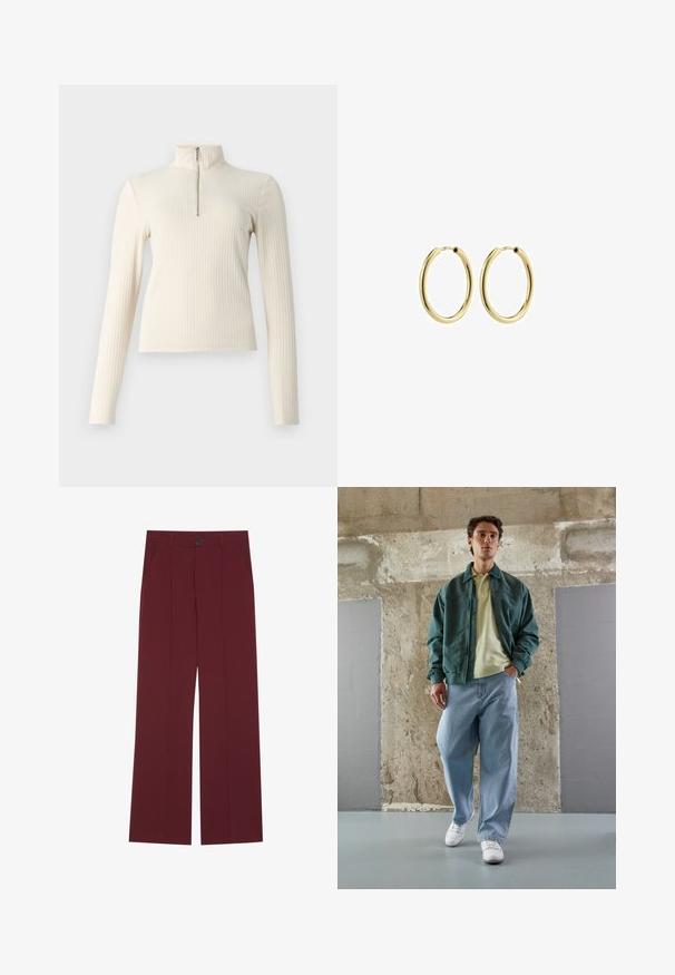 Kreminė ribota megztinio palaidinė su ilgomis rankovėmis ir apykakle. Priekyje yra ketvirčio užtrauktukas ir prigludusi forma. Lygus raštas.; Burgundinės kelnes su plačiomis kojomis, turinčios mygtukų užsegimą, dvi šonines kišenes ir raukšlių detalę priekyje. Lygus audinio paviršius.; Žalias bombonešis virš šviesiai geltonos polo marškinių, derinamas su laisvais mėlynais džinsais ir baltais sportbačiais. Švelnūs audiniai, laisvas siluetas, minimalus aksesuarų kiekis.; Auksiniai metaliniai kilpiniai auskarai su lygiu paviršiumi, apvalia forma ir saugiu užsegimu. Lygus paviršius be matomų raštų ar akcentų.