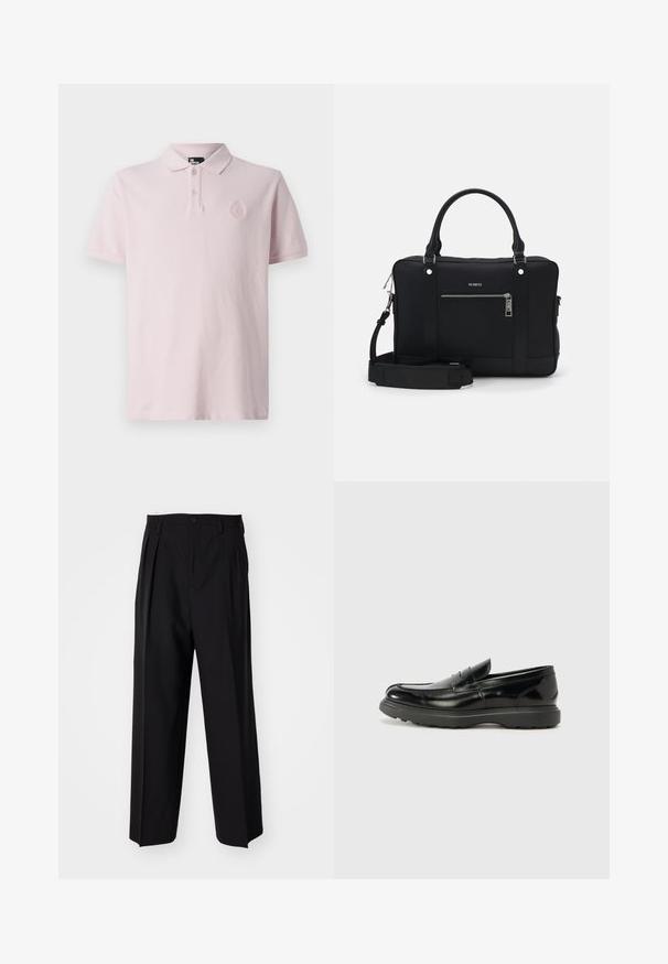 Polo tričko z jemne ružovej tkaniny s klasickým golierom, zapínaním na tri gombíky a vyšitým logom na hrudi. Mäkká textúra, krátke rukávy.; Čierne skladané nohavice s rovnom, širokým strihom. Vyrobené z hladkého materiálu, s gombíkovým zapínaním a pútkami na opasok.; Čierne kožené mokasíny s lesklým povrchom, okrúhlou špicou, subtilnými švami a hrubou gumovou podrážkou pre zvýšenú odolnosť.; Čierna syntetická taška cez rameno s dvoma rúčkami, odnímateľným ramenným popruhom, prednou vreckom na zips a striebornými kovovými akcentmi.