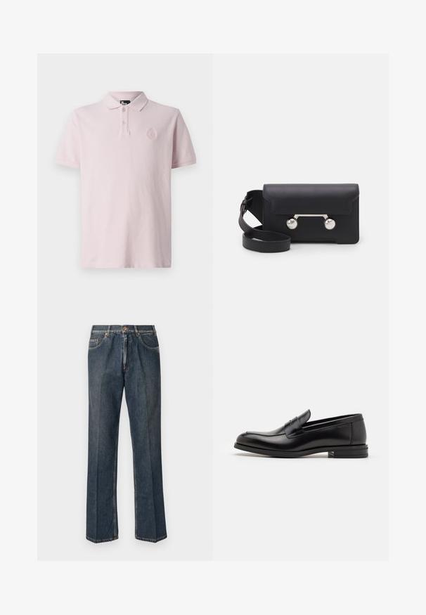 Világos rózsaszín pólóing klasszikus gallérral, három gombos, és hímzett logóval a mellkason. Puha tapintás, rövid ujjú.; Sötétkék egyenes szárú farmernadrág elülső gombbal, cipzáros behúzással, dupla elülső zsebekkel és lábszárakon látható függőleges ráncokkal.; Fekete bőr loaferek sima textúrával, kerek orral és dekoratív pánttal a vampnál. Alacsony, rétegelt sarkú, minimalista dizájn.; Fekete bőr keresztpántos táska hajtókával, ezüst színű kiegészítőkkel és két kerek díszítéssel. Levehető pánttal rendelkezik. Simább textúrájú.