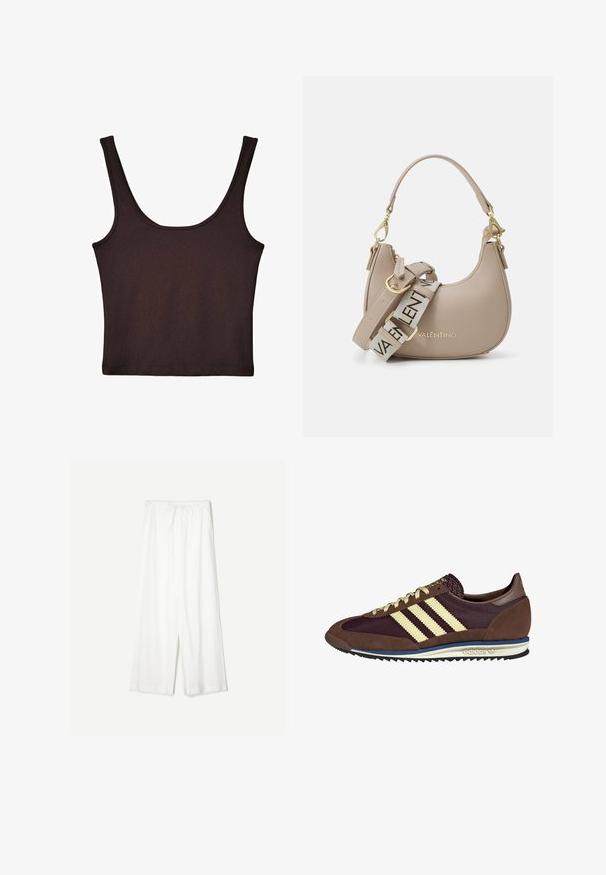 Débardeur côtelé marron foncé avec de larges bretelles et une coupe ajustée. Le tissu est doux avec une texture lisse et une longueur cropped.; Pantalons larges blancs avec une taille à cordon, présentés sur un fond uni, mettant en valeur leur style décontracté et la texture du tissu.; Baskets marron et bordeaux avec des matériaux en daim et en maille, présentant trois rayures crème, un tissu texturé sur la languette et une semelle en caoutchouc.; Sac à main en cuir beige avec un design incurvé, comportant un logo doré et une bandoulière réglable arborant le nom de la marque en répétition.