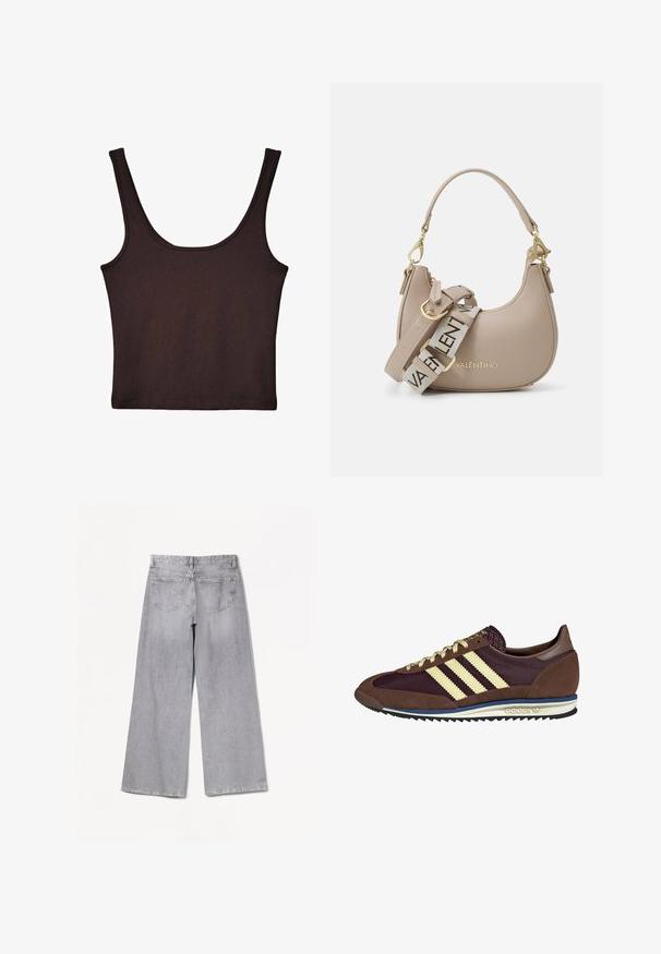 Dunkelbraunes, geripptes Tanktop mit breiten Schulterträgern und enger Passform. Der Stoff ist weich mit einer glatten Textur und hat eine cropped Länge.; Bershka WIDE-LEG - Wide Leg - grey; Braune und burgunderfarbene Sneaker aus Wildleder und Mesh-Materialien, mit drei cremefarbenen Streifen, strukturiertem Stoff an der Zunge und einer Gummisohle.; Beige Lederhandtasche mit geschwungenem Design, ausgestattet mit einem goldfarbenen Logo und einem verstellbaren Tragegurt mit wiederholtem Markennamen.