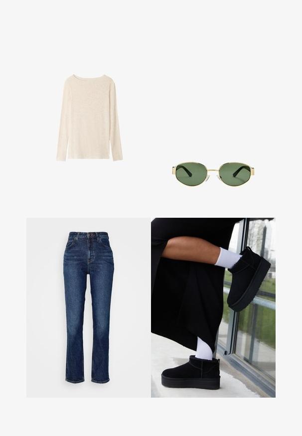 Langärmliges Oberteil in hellbeige. Weicher, strukturierter Stoff mit weiter Ausschnitt und geradem, lässigem Schnitt. Keine sichtbaren Muster oder Verzierungen.; Dunkelblaue Jeans aus Denim mit hoher Taille, geradem Beinschnitt, traditionellem Knopf- und Reißverschluss und dezenten Abnutzungen im Stoff.; Schwarze Wildleder-Stiefeletten mit flacher Sohle, versehen mit einer Zuglasche hinten, getragen mit weißen Knöchel-Socken vor einem minimalistischem Hintergrund.; Sonnenbrille mit goldfarbenem Metallrahmen, grünen getönten Gläsern, ovaler Form, schwarzen Bügeln und klaren Nasenpads. Sauberes, minimalistisches Design.; Schwarze Leder-Hobo-Tasche mit einem lässigen Design, breitem Schultergurt und glatter Textur. Verfügt über einen seitlichen Reißverschluss.