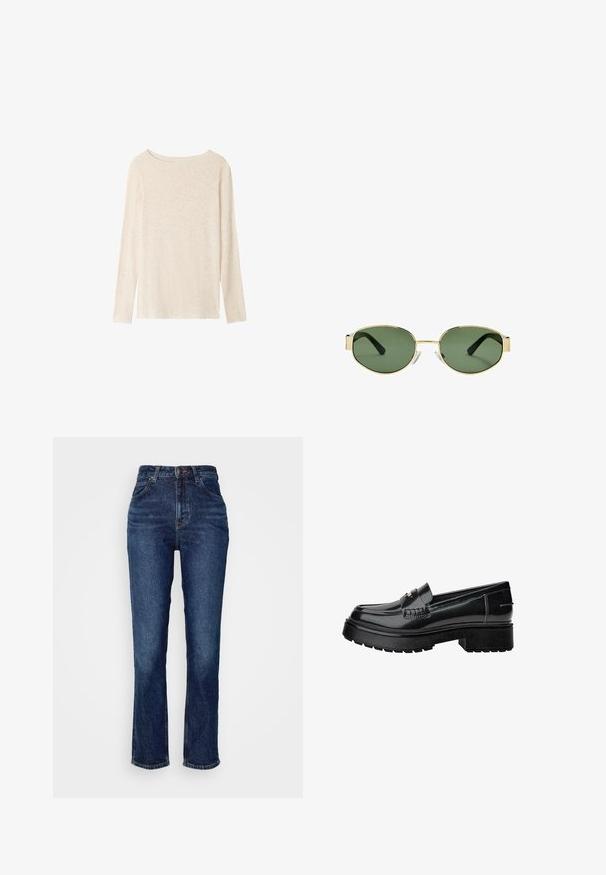 Langärmliges Oberteil in hellbeige. Weicher, strukturierter Stoff mit weiter Ausschnitt und geradem, lässigem Schnitt. Keine sichtbaren Muster oder Verzierungen.; Dunkelblaue Jeans aus Denim mit hoher Taille, geradem Beinschnitt, traditionellem Knopf- und Reißverschluss und dezenten Abnutzungen im Stoff.; Schwarze Lacklederschlüpfer mit einer klobigen Sohle, ausgestattet mit einem dekorativen Riemen und subtilen Nähten. Gummierte Textur auf der Außensohle.; Sonnenbrille mit goldfarbenem Metallrahmen, grünen getönten Gläsern, ovaler Form, schwarzen Bügeln und klaren Nasenpads. Sauberes, minimalistisches Design.; Schwarze Lederhandtasche mit goldenen Hardware-Akzenten, ausgestattet mit einem charakteristischen Verschluss, einem abnehmbaren Schultergurt und einer strukturierten Oberfläche.