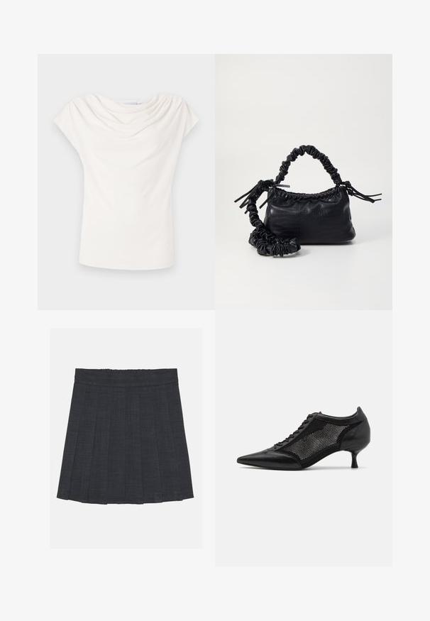 Top blanco de manga corta con escote drapeado y una textura de tela suave. Diseño simple y ajustado sin patrones o acentos visibles.; Falda plisada gris oscuro con cinturilla elástica, que presenta una tela texturada y una silueta clásica en A. Adecuada para un estilo casual.; Zapato negro de punta afilada con un diseño de panel de malla, que presenta un tacón bajo y cordones en la parte delantera. Está fabricado con una combinación de cuero y material de malla.; Bolso de mano de imitación cuero negro con textura de cocodrilo, parte superior fruncida y correa arrugada. Presenta un diseño suave y compacto.