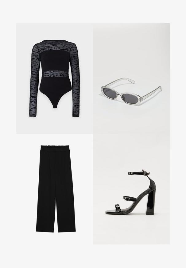 Svart bodysuit med lange gjennomsiktige ermer med et teksturert tigerstripe-mønster, og en tettsittende solid svart kropp med en tanga-snitt bunn.; Svarte vide bukser med rynket liv, med to sidelommer og et glatt, lett stoff. Ingen synlige mønstre eller metalldeler.; Svart høyglans sandaler med hæl, firkantet tå, ankelremmer og sølvspenner. Har en kraftig blokkhæl for stabilitet.; Solbriller med oval form, klar plastramme, mørkegrå linser og tynne gjennomsiktige armer med logopunksjoner og minimal detaljering.
