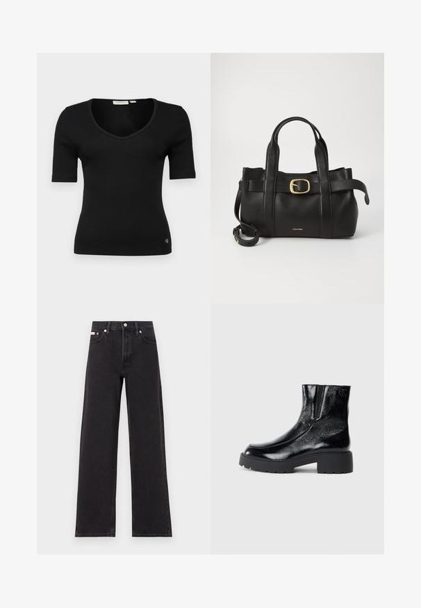 Calvin Klein Jeans V NECK TEE - Basic póló - black; Fekete, bőszárú farmernadrág, magas derekú, öt zsebes kialakítással és fém gombos záródással, kontrasztos varrással.; Fekete bokacsizmák fényes lakkbőr felülettel, vastag fekete gumitalppal és megemelt sarokkal; oldalon diszkrét logó részlettel.; Fekete bőr kézitáska, amely strukturált kialakítással rendelkezik, dupla felső fogantyúval, arany tónusú csattal és a márka dombornyomott logójával az elején.