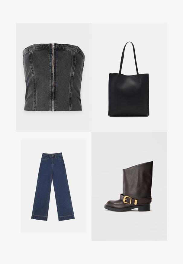 Svart denim strapless topp med en tettsittende design, vertikale sømmer og en sentral glidelås lukking bak. Glatt tekstur.; Videbenede dressbukser i mørkeblå denim. Har fem lommer, beltestropper og en rå kant i bunden med synlige stikninger.; Mørkebrun skinnstøvlett til midten av leggen med svart såle, lav hæl og dekorativ gullspenne rundt ankelen, vist fra siden.; Svart lær tote bag med glatt tekstur, rektangulær form og to lange håndtak. Ingen synlige deler eller dekorasjoner.