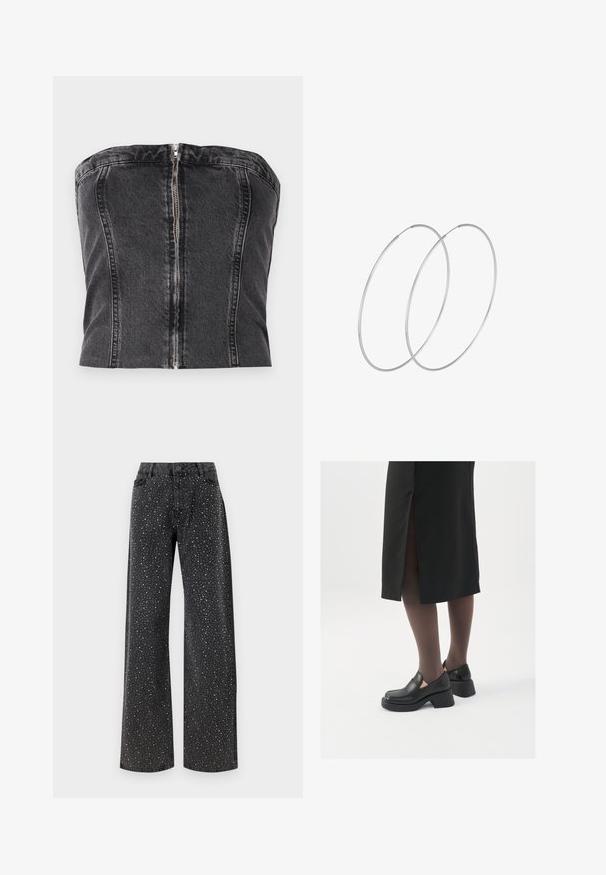 Black denim strapless top featuring a fitted design, vertical seams, and a central zipper closure at the back. Smooth texture.; Noisy May NMJANNEL LOOSE - Relaxed fit jeans - black denim; Black leather shoes with a rounded toe, thick block heel, and elastic side accents, paired with dark tights and a black skirt with a slit.; Silver hoop earrings with a minimalist design. Circular shape, smooth texture, and thin profile. Lightweight with a polished finish.