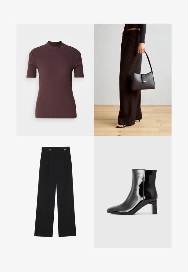 Burgundowa, prążkowana bluzka z krótkim rękawem i wysokim kołnierzem, o gładkiej teksturze i subtelnym logo na kołnierzyku.; Czarne szerokie spodnie z wysokim stanem, z detalami w postaci guzików na pasku oraz plisami z przodu.; Czarne lakierowane botki za kostkę z wysmukłym noskiem i średniej wysokości obcasem w kształcie słupka. Gładka tekstura i minimalistyczny design.; Czarna torebka o usztywnionym kształcie, gładkiej fakturze i metalowym zapięciem. Połączona z szerokimi czarnymi spodniami i sandałami na otwartym palcu na drewnianej podłodze.