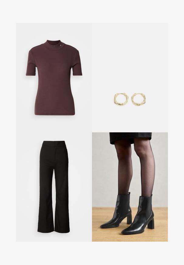 Burgundy ribbed short-sleeve top with a high neck, smooth texture, and a subtle logo detail at the collar.; Black wide-leg trousers with a smooth texture, high waist, and a clean design. No visible pockets or embellishments.; Black leather ankle boots with a pointed toe, chunky square heel, and sleek design. Features elastic side panels for easy wear.; Gold hoop earrings with a textured, irregular shape. Features a seamless closure and a polished surface finish, emphasizing a modern design.