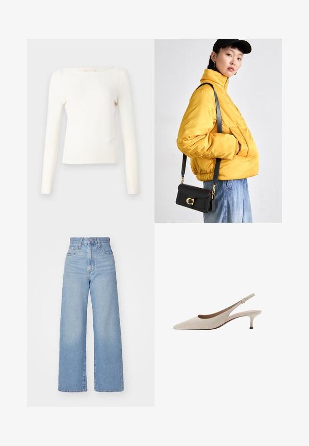 Dlouhý rukáv v světle krémové barvě, s lodním výstřihem, přiléhavý střih a hladká pletená textura. Minimální švy a žádné viditelné vzory.; Světle modré široké džíny s vysokým pasem, s předním zapínáním na knoflík a zip, předními a zadními kapsami, na bílém pozadí.; Béžové lodičky na podpatku s špičatou špičkou a nízkým rozšířeným podpatkem. Vyrobené z hladké kůže s minimalistickým designem a nastavitelným páskem.; Žlutá vyteplená bunda s vysokým límcem a přední kapsou, doplněná černou kabelkou přes rameno se zlatými detaily. K tomu casual džíny.