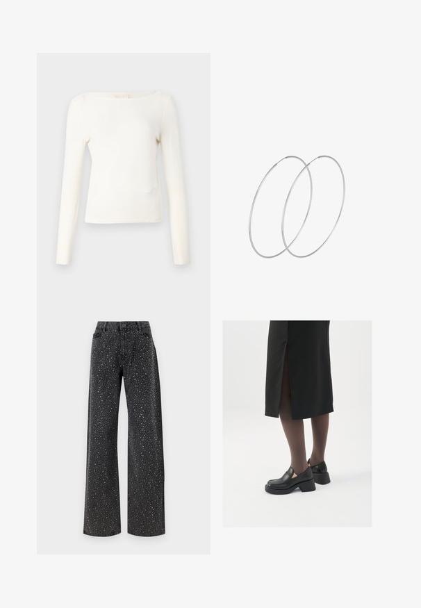 Dlouhý rukáv v světle krémové barvě, s lodním výstřihem, přiléhavý střih a hladká pletená textura. Minimální švy a žádné viditelné vzory.; Noisy May NMJANNEL LOOSE - Džíny Relaxed Fit - black denim; Černé kožené boty s kulatou špičkou, silným blokovým podpatkem a elastickými bočními akcenty, spárované s tmavými punčochami a černou sukní se rozparkem.; Stříbrné kruhové náušnice s minimalistickým designem. Kruh, hladký povrch a tenký profil. Lehká konstrukce s lesklým povrchem.
