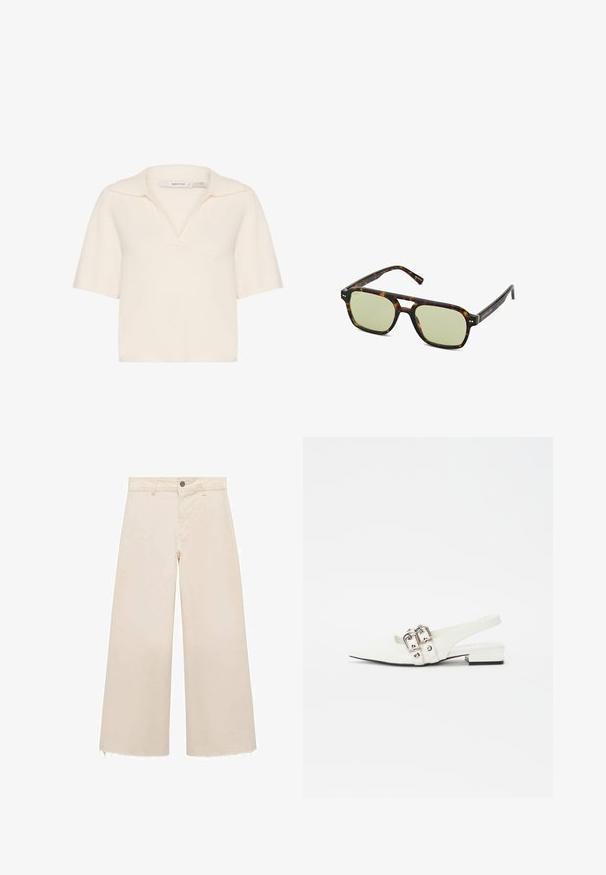 Kus s krátkým rukávem v měkkém, krémově bílém pleteném materiálu s výstřihem do V a obráceným límcem, s uvolněným střihem a bez viditelných vzorů nebo ozdob.; Široké kalhoty v jemné béžové barvě z bavlny, s knoflíkovým zapínáním, s jemně třepenými lemy a volným střihem.; Bílé kožené sandály se špičatou špičkou, stříbrnými sponami a nízkým blokovým podpatkem. Hladký povrch s minimálním zdobením.; Sluneční brýle ve stylu želvoviny s zelenými skly, obdélníkovým rámem a výrazným mostním designem. Obsahují jemné značení na rameni.; Černá kožená kabelka s hladkým povrchem, minimalistickým designem a jedním zakřiveným ramenním popruhem. Otevřený vrchní prostor, bez viditelného hardwaru.