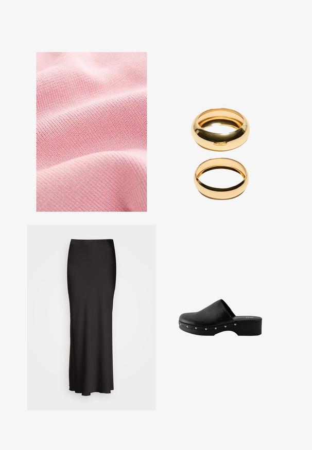 Miękka różowa tkanina o prążkowanej fakturze, z wąskimi tkanymi liniami tworzącymi spójny wzór na powierzchni.; Czarna, sięgająca podłogi satynowa spódnica o gładkiej fakturze, dopasowana w talii i w kształcie litery A, bez widocznych zdobień lub wzorów.; Czarne skórzane clogs z podwyższeniem, zaokrąglonym noskiem i dekoracyjnymi srebrnymi ćwiekami wzdłuż boku. Gładka tekstura i minimalistyczny design.; Na wystawie znajdują się dwa złote pierścionki, jeden gruby i zaokrąglony, a drugi cienki i płaski. Oba mają gładką, błyszczącą powierzchnię z wypolerowanym wykończeniem.