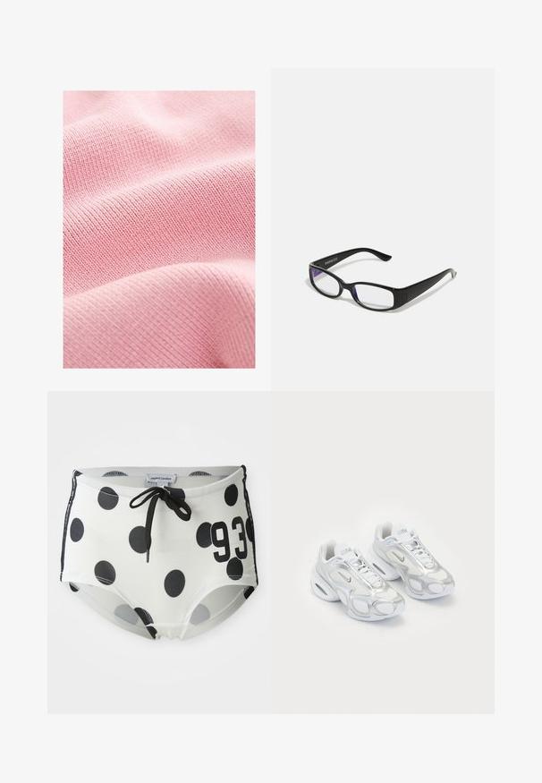 Mekani ružičasti materijal s rebrastom teksturom, s uskim tkanim linijama koje stvaraju konstantan uzorak po površini.; Crne i bijele kupaće gaće s jednobojnim točkicama, s pojasom na vezanje, na prednjoj strani s brojem "93" i glatkim, rastezljivim materijalom.; Bijele atletske tenisice s mrežastim gornjištem i srebrnim detaljima, jedinstvenog oblika i zračnim jastučićem u peti. Dizajn sa vezicama i logotipom.; Crne pravokutne naočale s prozirnim lećama. Sjajni finiš, uske krakove i ljubičastu nijansu vidljivu na rubovima leća.