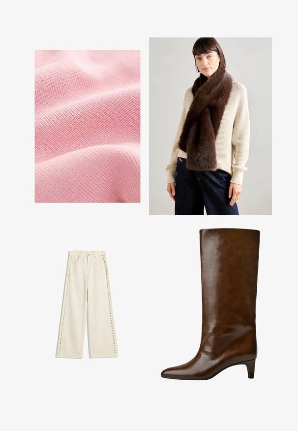 Zacht roze stof met een ribbelstructuur, voorzien van smalle geweven lijnen die een consistent patroon over het oppervlak creëren.; Lichtcrème wijdvallende jeans met metalen studs langs de buitennaad, vijf zakken en een standaard knoopsluiting.; Bruine leren kniehoog laars met een spitse neus en een taps toelopende hak, met een gladde textuur en eenvoudig ontwerp.; Bruine bontschal gedragen over een crèmekleurige trui. De sjaal heeft een zachte textuur en een dik, volumineus ontwerp, dat elegant valt.; Bruine totebag met een gebogen vorm, met een grote uitsnijding voor het handvat, versierd met zilveren studs langs de rand. Gemaakt van zachte stof.