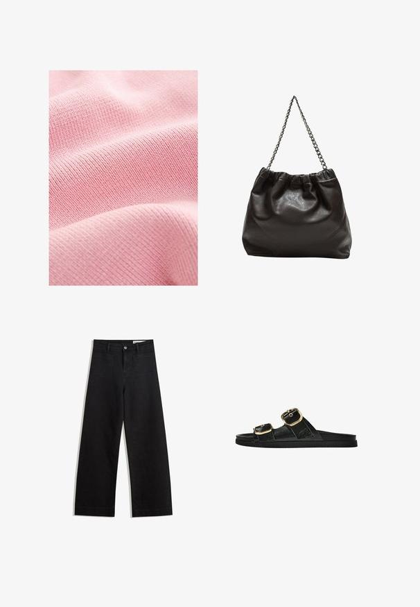 Weiches pinkes Gewebe mit einer gerippten Textur, das schmale gewebte Linien aufweist, die ein einheitliches Muster über die Oberfläche erzeugen.; Schwarze weit geschnittene Jeans mit hoher Taille, ausgestattet mit Vorder- und Hintertaschen, gesteppten Nähten und einem Knopfverschluss. Glatte Textur.; Schwarze Riemensandale mit zwei goldenen Schnallendetails, glattem Material, flachem Sohlen und minimalistischer Gestaltung.; Braune Lederhandtasche mit gerafftem Oberteil und Kettenriemen. Glatte Textur mit glänzendem Finish und subtilen Nahtdetails an den Seiten.