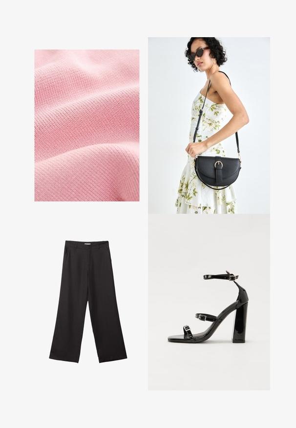 Soft pink fabric with a ribbed texture, featuring narrow woven lines that create a consistent pattern across the surface.; Black wide-leg trousers made of smooth fabric, featuring a front zipper and two side pockets, with a tailored fit and minimalistic design.; Black patent heeled sandals with a square toe, ankle straps, and silver buckles. Features a chunky block heel for stability.; Black leather handbag with a curved shape, detachable strap, and gold hardware. The bag features a flap with a buckle detail.