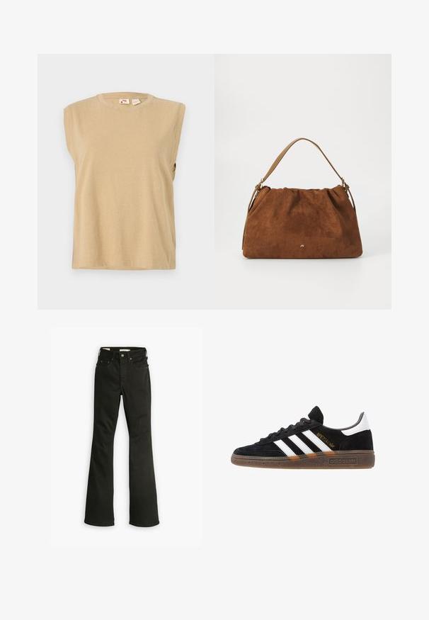 Beżowy top bez rękawów wykonany z miękkiego materiału, z okrągłym dekoltem i luźnym krojem z minimalnymi detalami szycia.; Czarne dżinsy w fasonie dzwonów, wykonane z denimu. Posiadają klasyczny pięciokomorowy krój, zamek błyskawiczny, solidne szwy i czyste wykończenie dołu.; Czarny sneaker Adidas z białymi paskami, złotym napisem "Spezial", gumową podeszwą i białym elementem przy pięcie, przedstawiony w widoku z profilu.; Brązowa torebka z zamszu o marszczonym wzorze, z pojedynczym paskiem w kolorze tan i subtelnym złotym logo z przodu.