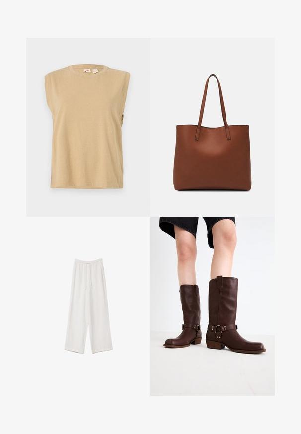 Bež majica bez rukava, narejena iz mehkega blaga, z okroglo izrezom in sproščenim krojem ter minimalnimi šivi.; Bele široke hlače iz lahkega materiala. Imajo elastičen pas s vrvico in stranske žepe. Gladka tekstura.; Rjave usnjene čizme do kolen s zaobljenim nosom, teksturirano površino, trakovi okoli gležnja in srebrni detajli; zasnovane s steknjenim peto.; Rjava usnjena torba z gladko teksturo, odprto zasnovo zgoraj in dvema naramnima trakovoma. Opremljena je z minimalnim šivanjem in brez vidnih kovinskih delov.