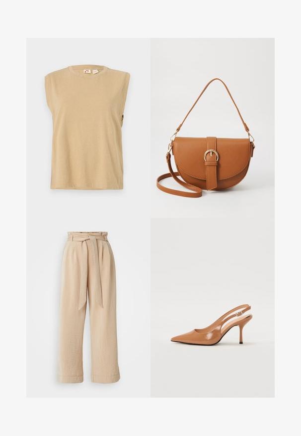 Beżowy top bez rękawów wykonany z miękkiego materiału, z okrągłym dekoltem i luźnym krojem z minimalnymi detalami szycia.; Beżowe spodnie typu wide-leg z paskiem w talii, wykonane z teksturowanej tkaniny. Posiadają fałdę z przodu oraz gładkie wykończenie u dołu.; Sandały na obcasie z kwadratowym noskiem, wykonane z gładkiego, błyszczącego materiału w kolorze brązowym. Charakteryzują się zaokrąglonym wycięciem i smukłym obcasem typu stiletto. Detal w postaci srebrnej klamry.; Brązowa skórzana torba na ramię o zaokrąglonym kształcie, ze złotymi akcentami i zapięciem w formie klamry. Posiada odpinany pasek na ramię.