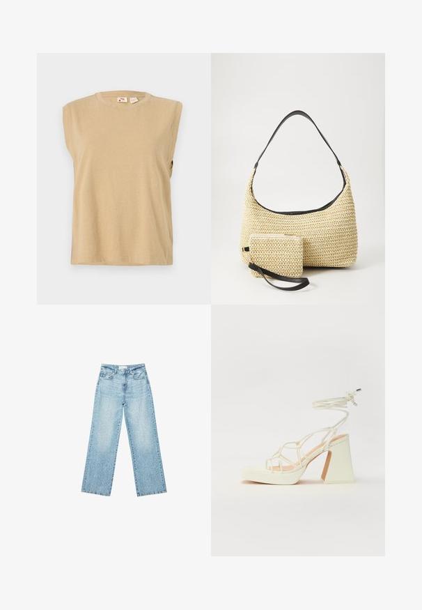 Beige ärmelloses Oberteil aus weichem Stoff, mit runder Ausschnitt und lockerem Schnitt, der minimale Nähdetails aufweist.; Helle blaue Denim-Jeans mit weitem Bein und hoher Taille, im lässigen Look mit einem ausgewaschenen Finish und kleinen, verstreuten Used-Effekten.; Weiße High-Heel-Sandale mit einem klobigen Absatz, die über ein Riemchendesign und ein Knöchelband verfügt. Glatte Textur mit einer Plattform vorne für zusätzliche Höhe.; Geflochtene Strohtasche mit geschwungener Silhouette, ausgestattet mit einem glatten schwarzen Ledergriff und einem passenden kleinen Beutel, der mit einem Handgelenkriemen befestigt ist.