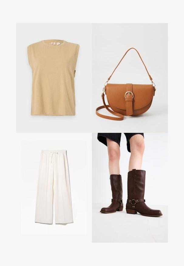 Beige ujjatlan felső, puha anyagból, kerek nyakkivágással és laza szabással, minimális varrási részletekkel.; Fehér, széles szárú nadrág, könnyű anyagból készült, gumis derékkal, húzózsinórral és oldalsó zsebekkel, látható minták nélkül.; Barna bőr, térd feletti csizmák kerek orral, textúrázott felülettel, bokapánttal és ezüst hardware részletekkel; rétegezett sarokkal.; Barna bőr keresztbody táska ívelt formával, aranyszínű fémrészekkel és csat díszítéssel. Levehető vállpánttal rendelkezik.