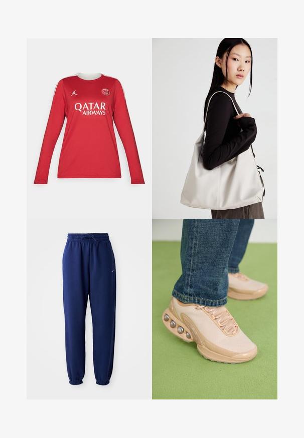Rød langærmet trøje lavet af syntetisk stof, med en hvid krave og sidestriber, med trykte logoer fra Qatar Airways og Paris.; Mørkeblå sweatpants lavet af blødt stof, med elastisk talje med snøre, elastiske manchetter og et lille hvidt logo.; Lyse beige sportssko har en mesh-overdel, gummisål og afrundede detaljer med metalliske elementer. Båret sammen med blå jeans på en grøn overflade.; Beige håndtaske lavet af blødt materiale med et slouchy design, stikninger og to skulderremme. Velegnet til daglig brug.